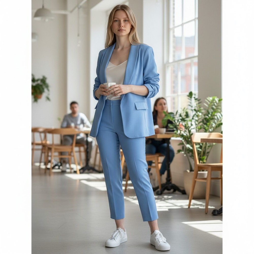 Cato Pant Suit Set Womens Small Blue Open Front Ruched Sleeve Blazer Trousers